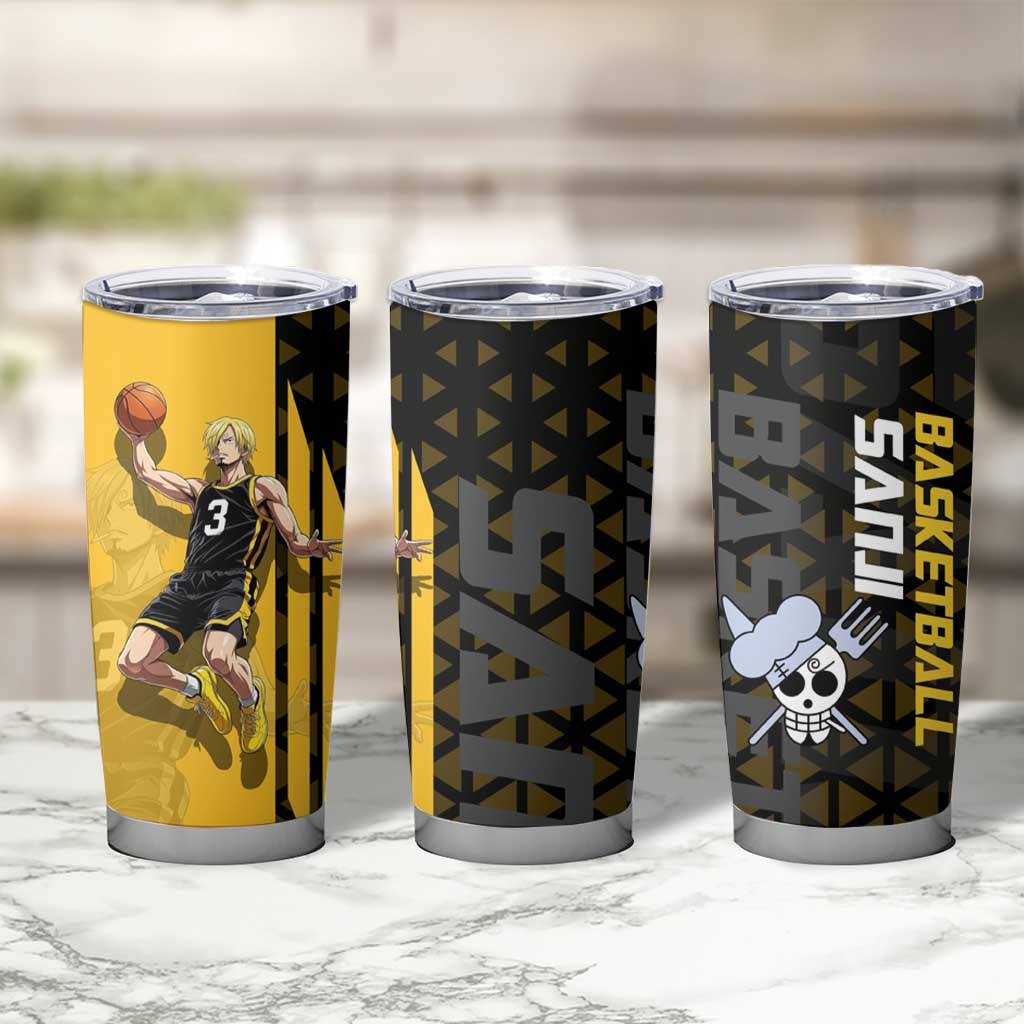 Sanji One Piece Basketball Theme Yellow and Black Design Tumbler Cup with Pirate Chef Logo and Jump Shot Pose - The Mazicc