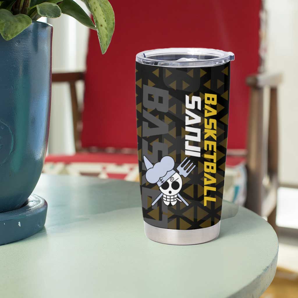 Sanji One Piece Basketball Theme Yellow and Black Design Tumbler Cup with Pirate Chef Logo and Jump Shot Pose - The Mazicc