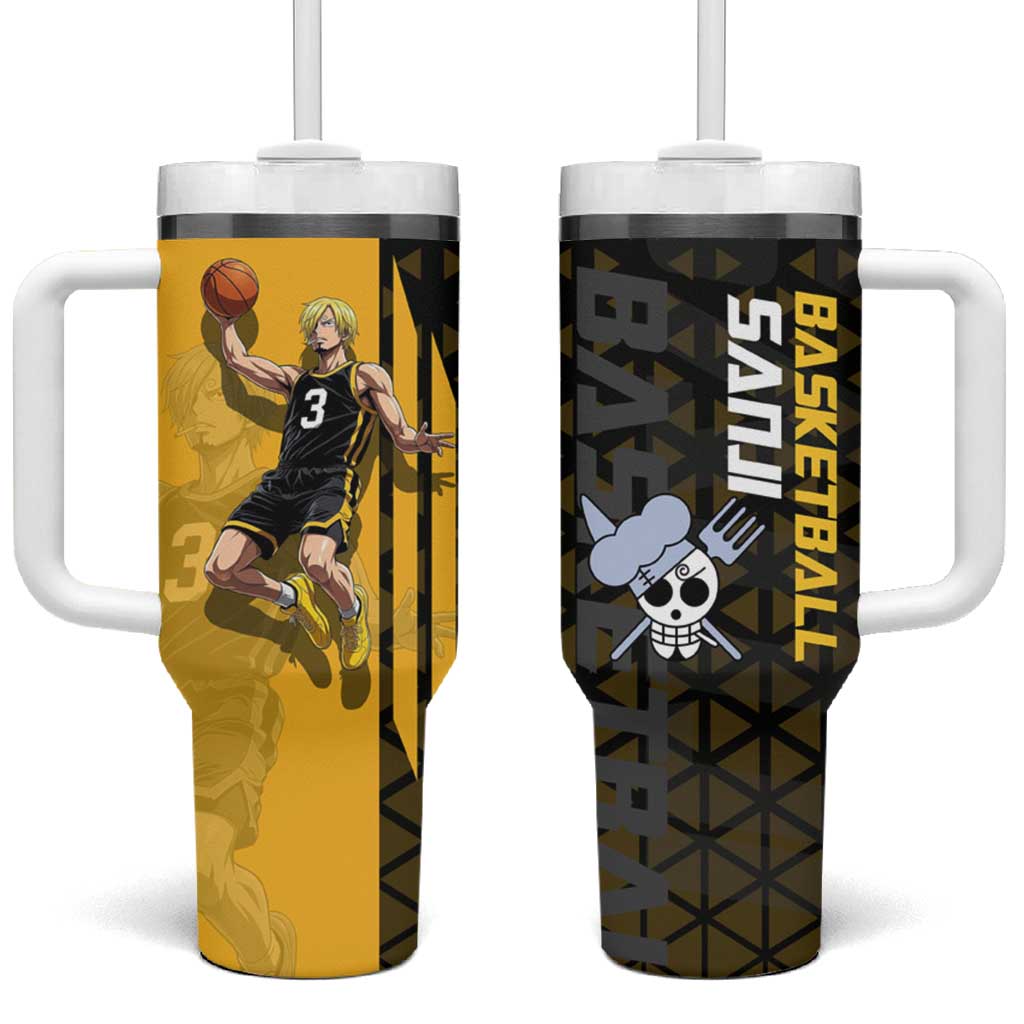 Sanji One Piece Basketball Theme Yellow and Black Design Tumbler With Handle with Pirate Chef Logo and Jump Shot Pose - The Mazicc