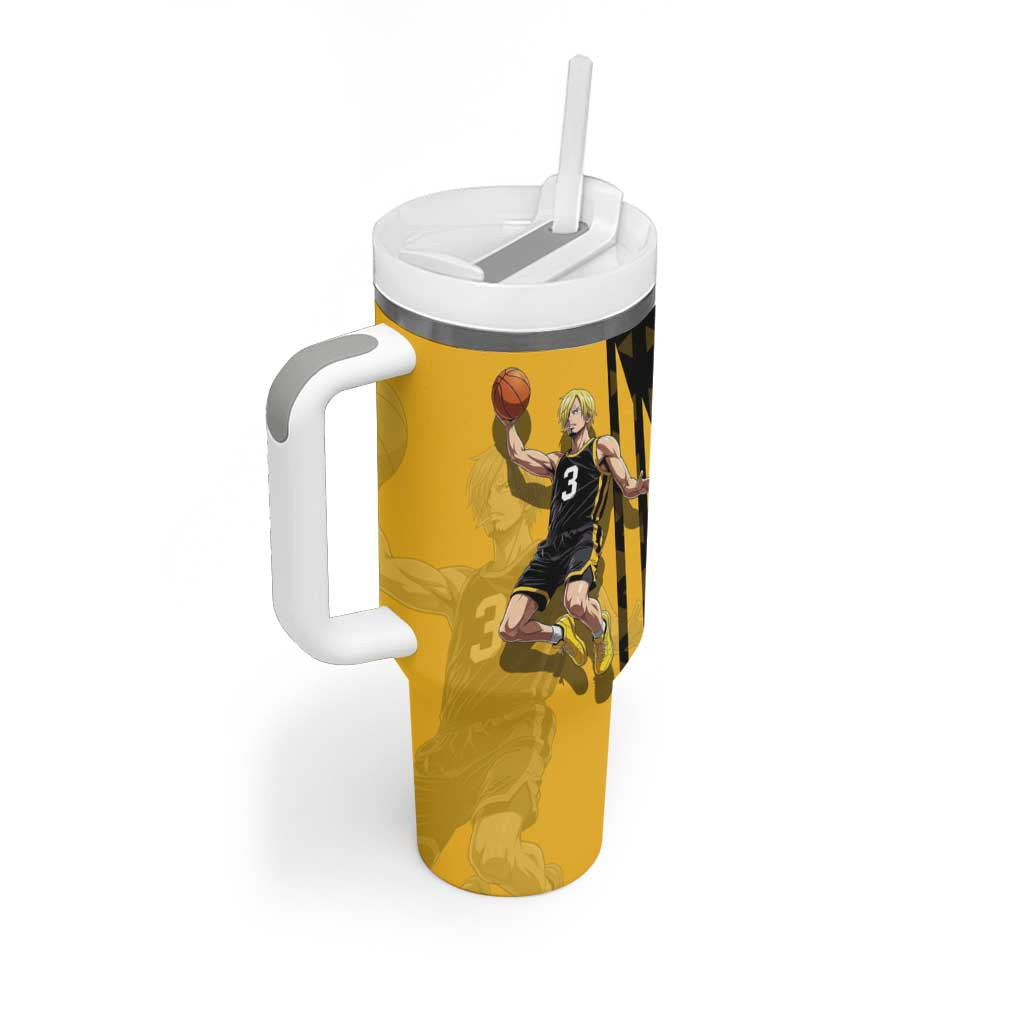 Sanji One Piece Basketball Theme Yellow and Black Design Tumbler With Handle with Pirate Chef Logo and Jump Shot Pose - The Mazicc