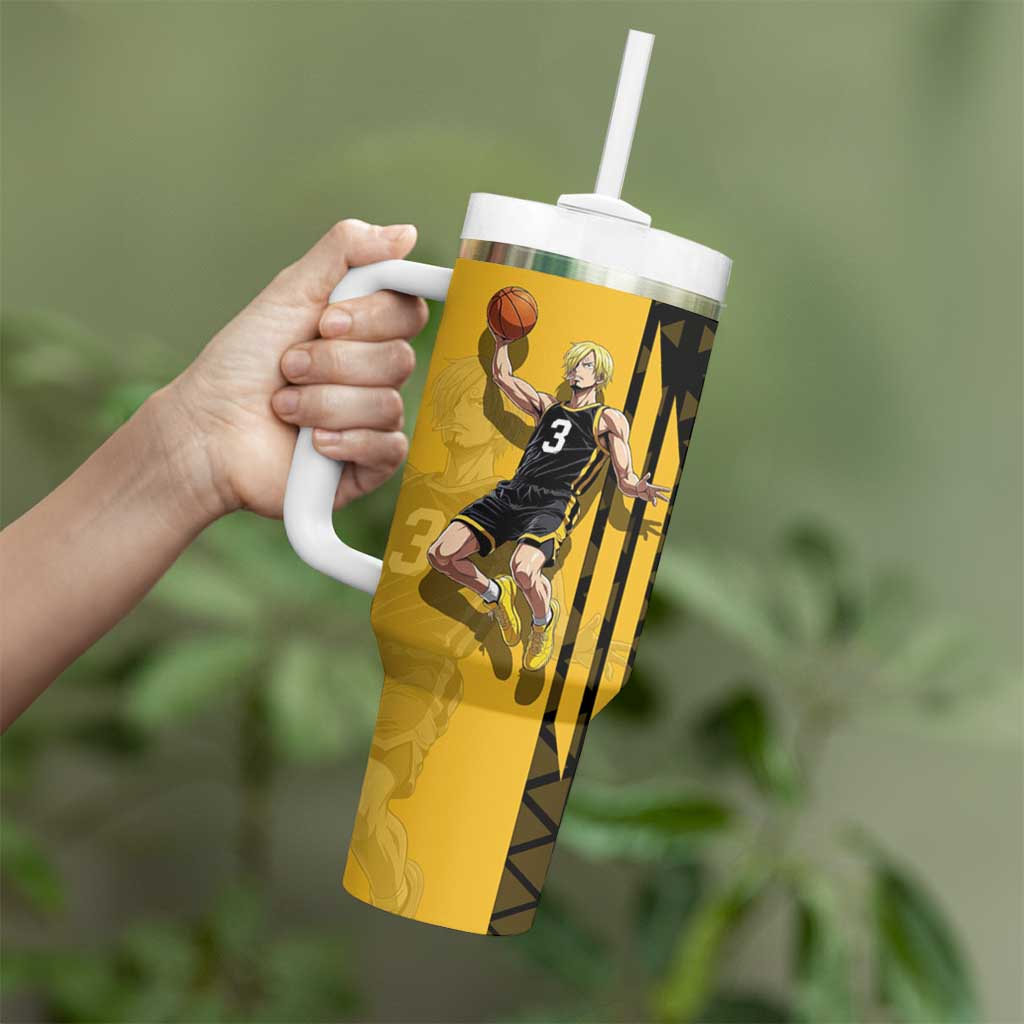 Sanji One Piece Basketball Theme Yellow and Black Design Tumbler With Handle with Pirate Chef Logo and Jump Shot Pose - The Mazicc
