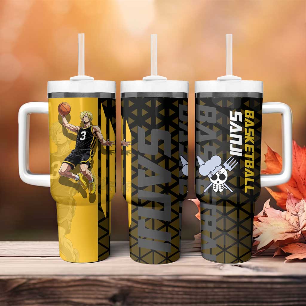 Sanji One Piece Basketball Theme Yellow and Black Design Tumbler With Handle with Pirate Chef Logo and Jump Shot Pose - The Mazicc