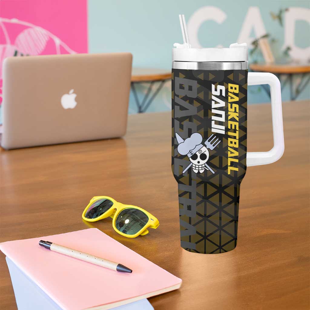 Sanji One Piece Basketball Theme Yellow and Black Design Tumbler With Handle with Pirate Chef Logo and Jump Shot Pose - The Mazicc
