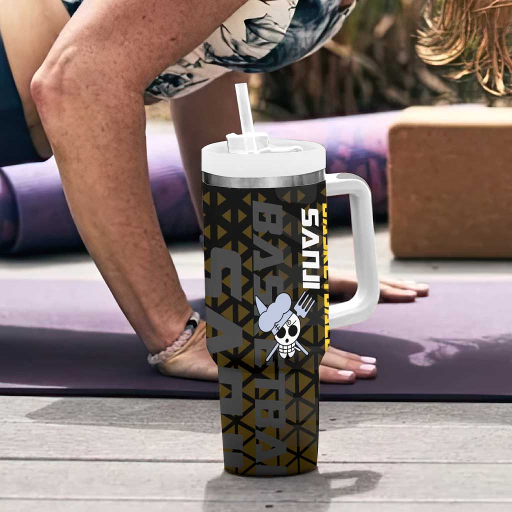 Sanji One Piece Basketball Theme Yellow and Black Design Tumbler With Handle with Pirate Chef Logo and Jump Shot Pose - The Mazicc