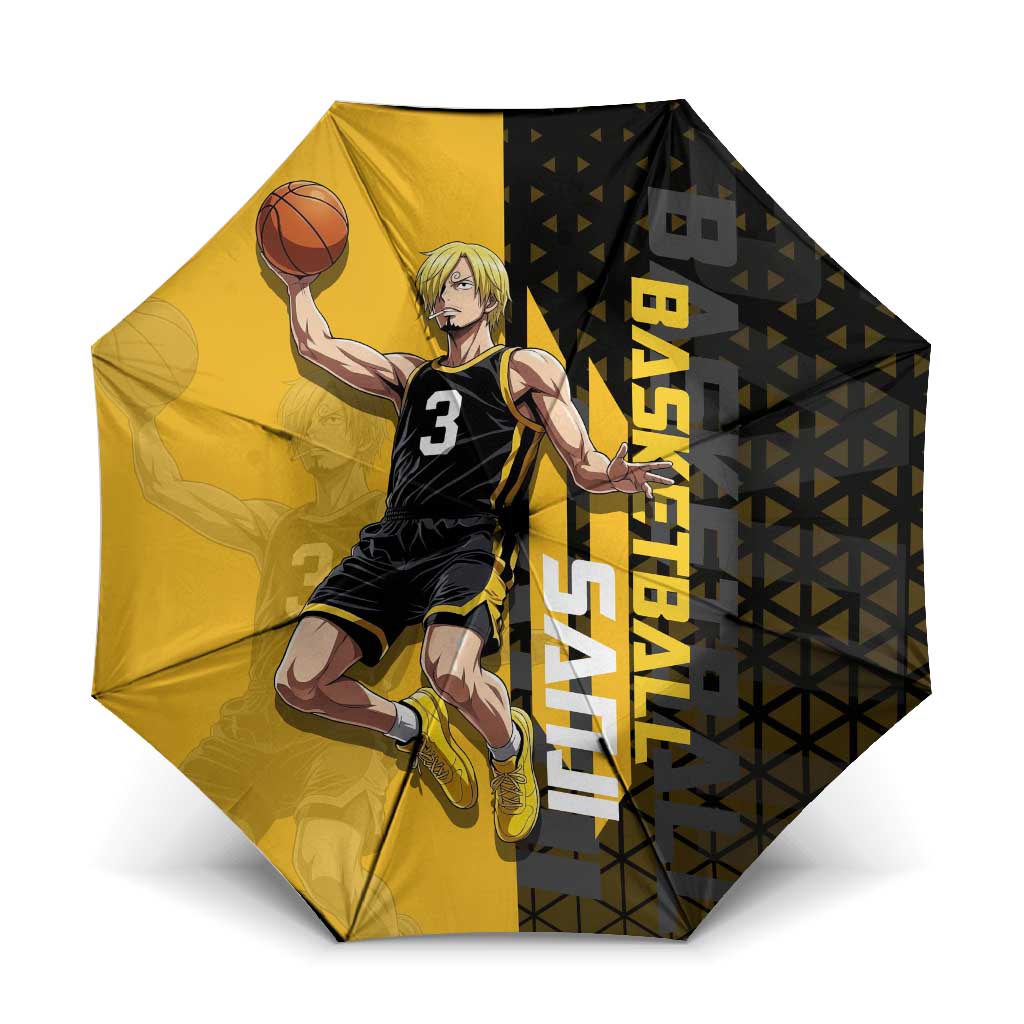 Sanji One Piece Basketball Theme Yellow and Black Design Umbrella with Pirate Chef Logo and Jump Shot Pose - The Mazicc