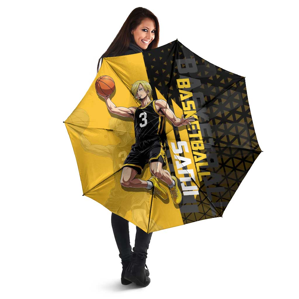Sanji One Piece Basketball Theme Yellow and Black Design Umbrella with Pirate Chef Logo and Jump Shot Pose - The Mazicc