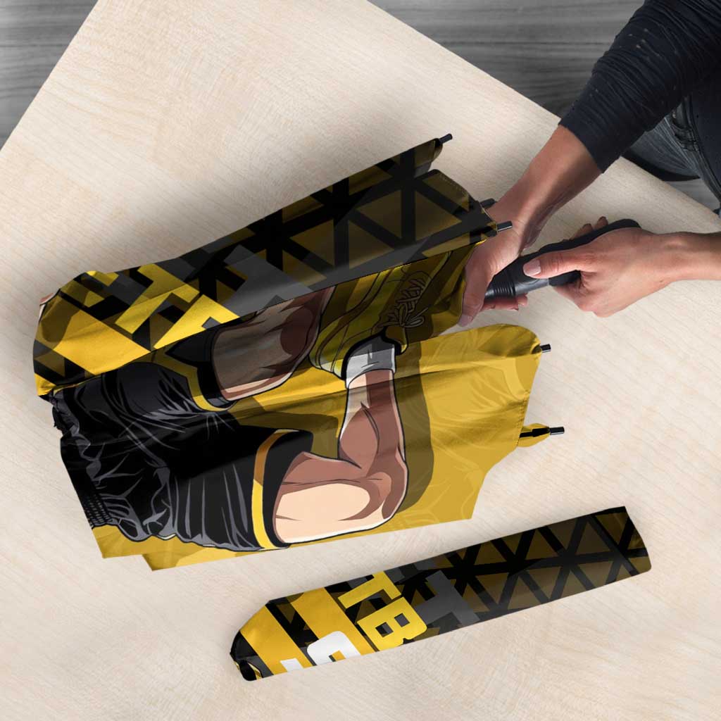 Sanji One Piece Basketball Theme Yellow and Black Design Umbrella with Pirate Chef Logo and Jump Shot Pose - The Mazicc
