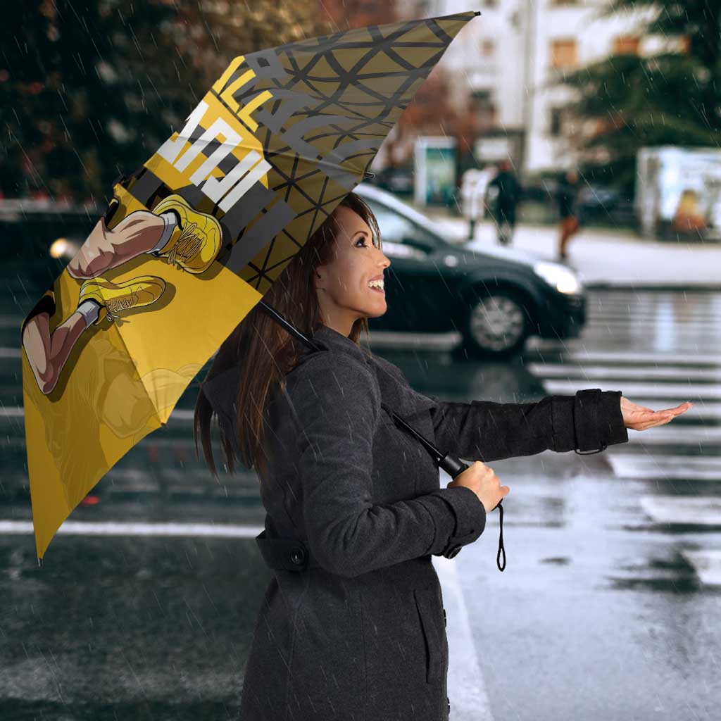 Sanji One Piece Basketball Theme Yellow and Black Design Umbrella with Pirate Chef Logo and Jump Shot Pose - The Mazicc