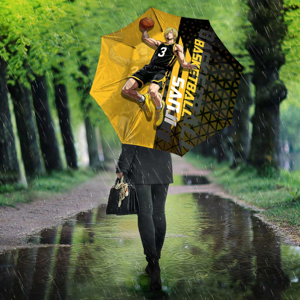 Sanji One Piece Basketball Theme Yellow and Black Design Umbrella with Pirate Chef Logo and Jump Shot Pose - The Mazicc