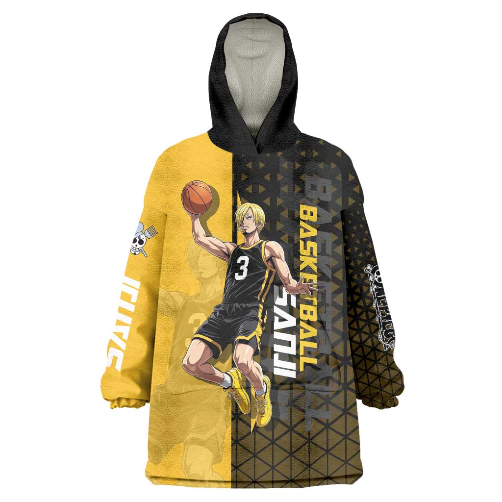 Sanji One Piece Basketball Theme Yellow and Black Design Wearable Blanket Hoodie with Pirate Chef Logo and Jump Shot Pose - The Mazicc