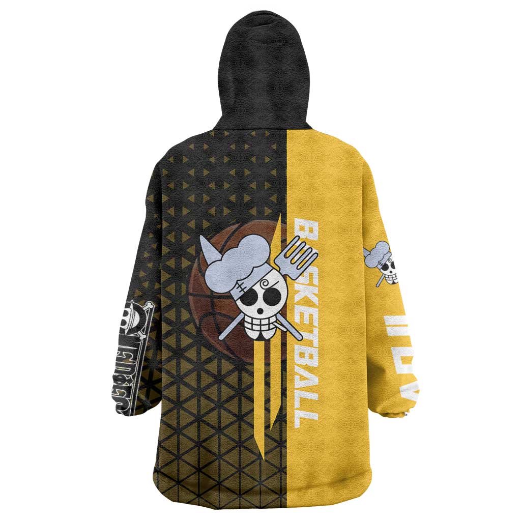Sanji One Piece Basketball Theme Yellow and Black Design Wearable Blanket Hoodie with Pirate Chef Logo and Jump Shot Pose - The Mazicc