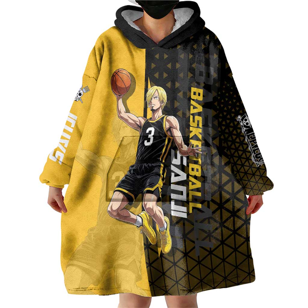 Sanji One Piece Basketball Theme Yellow and Black Design Wearable Blanket Hoodie with Pirate Chef Logo and Jump Shot Pose - The Mazicc