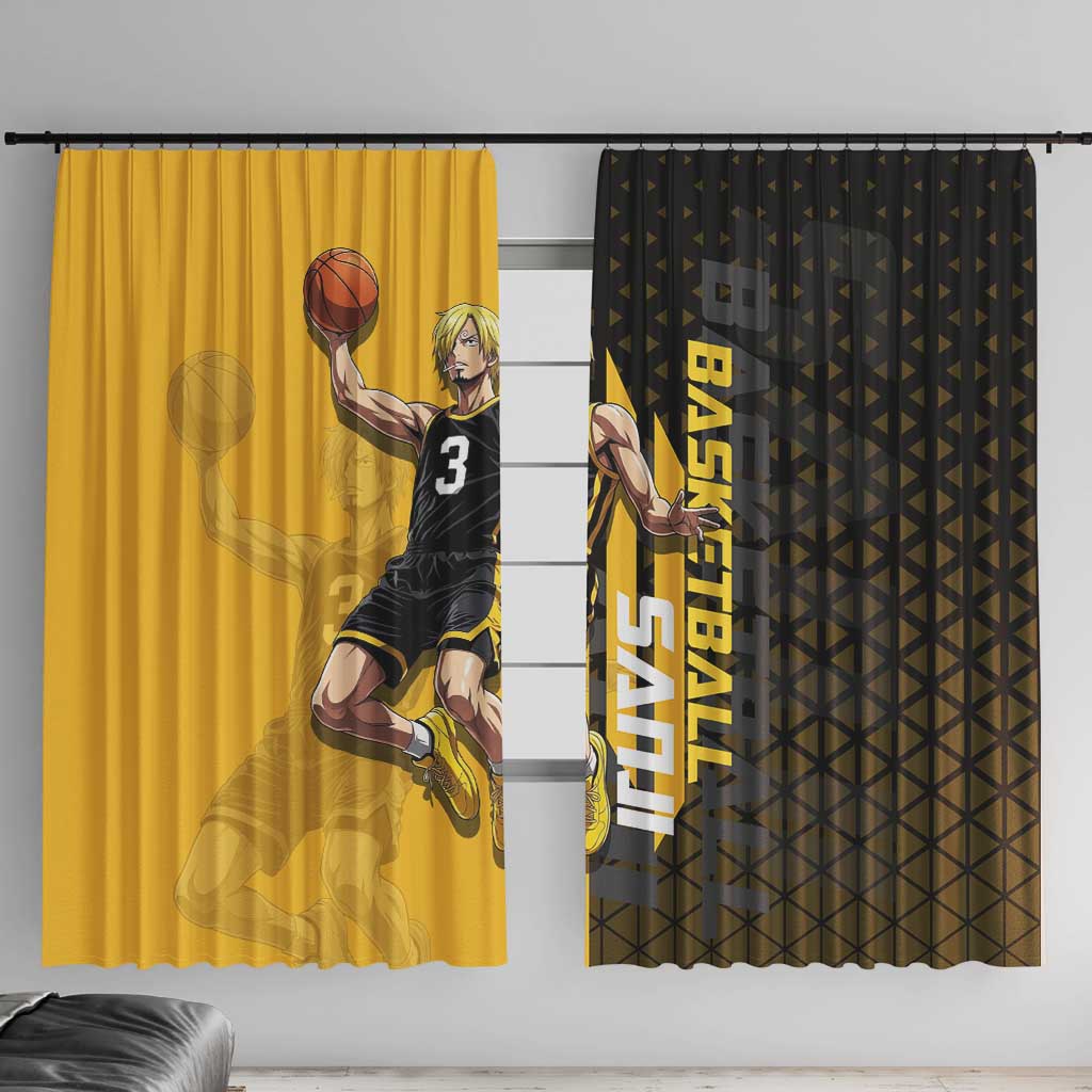 Sanji One Piece Basketball Theme Yellow and Black Design Window Curtain with Pirate Chef Logo and Jump Shot Pose - The Mazicc