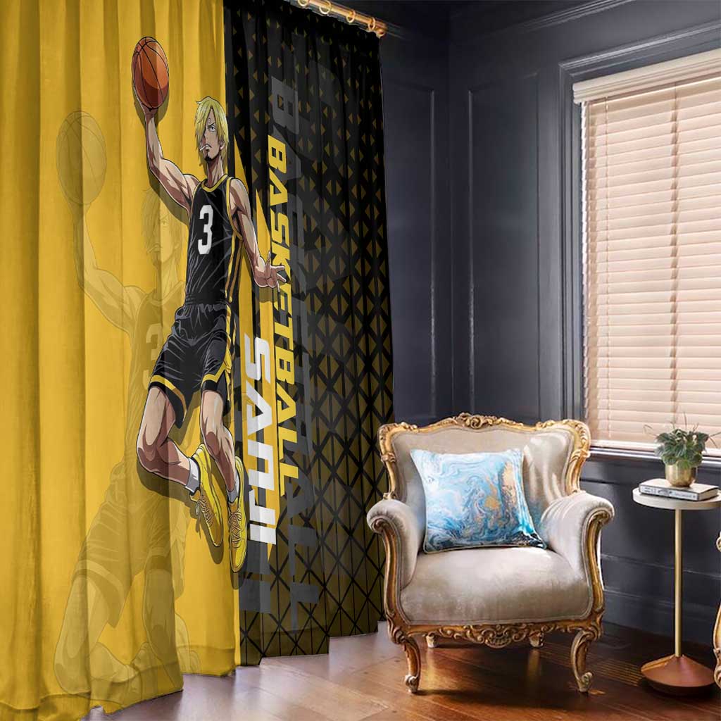 Sanji One Piece Basketball Theme Yellow and Black Design Window Curtain with Pirate Chef Logo and Jump Shot Pose - The Mazicc