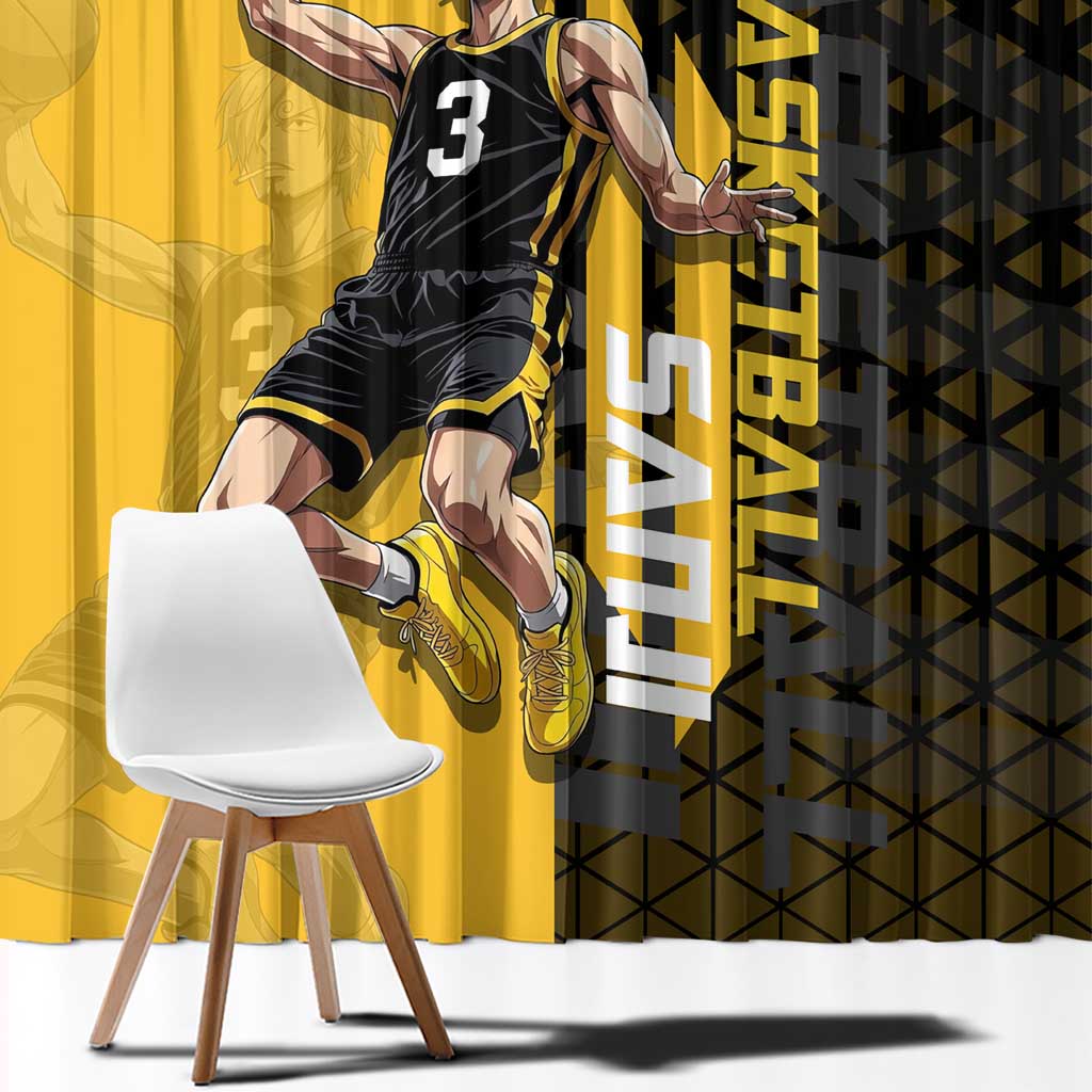 Sanji One Piece Basketball Theme Yellow and Black Design Window Curtain with Pirate Chef Logo and Jump Shot Pose - The Mazicc