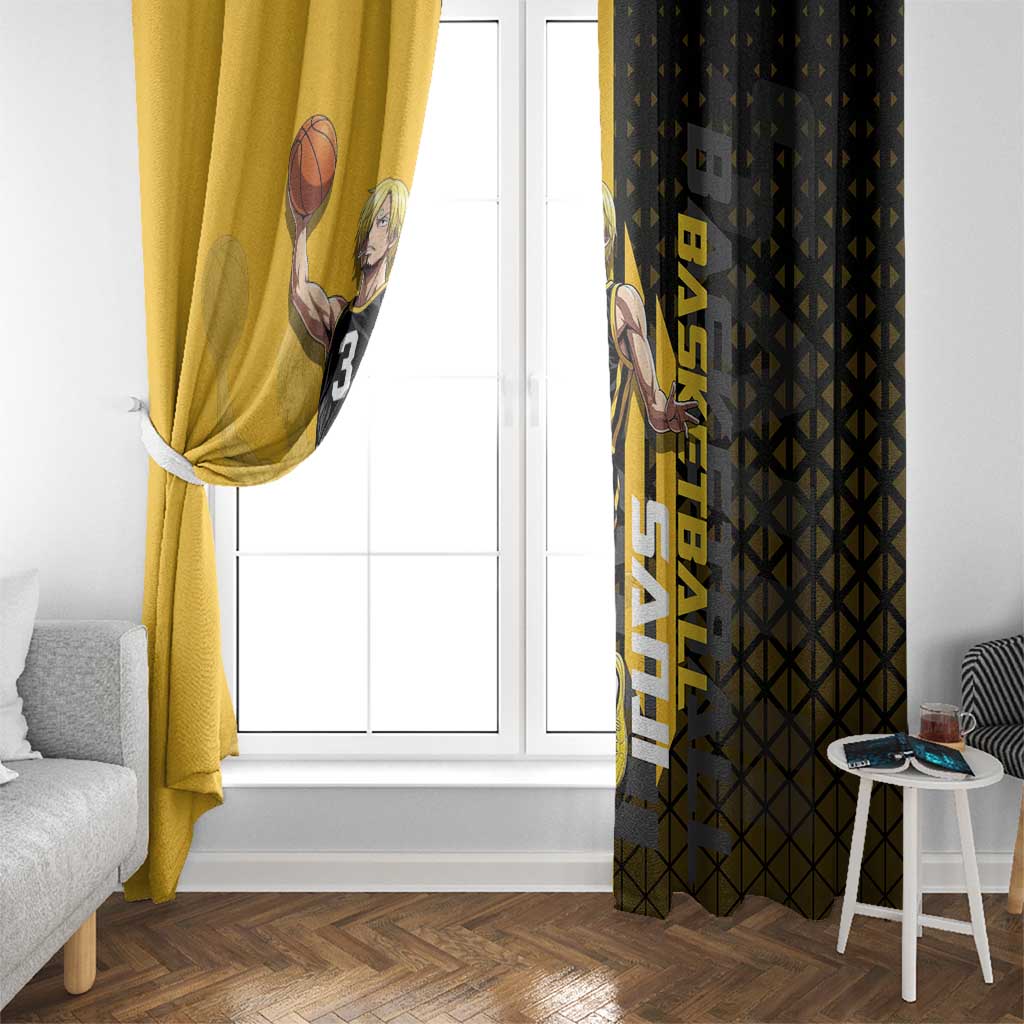 Sanji One Piece Basketball Theme Yellow and Black Design Window Curtain with Pirate Chef Logo and Jump Shot Pose - The Mazicc