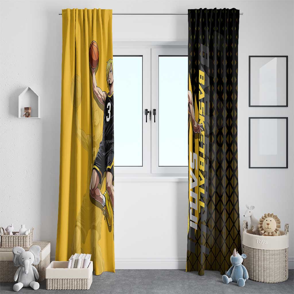 Sanji One Piece Basketball Theme Yellow and Black Design Window Curtain with Pirate Chef Logo and Jump Shot Pose - The Mazicc
