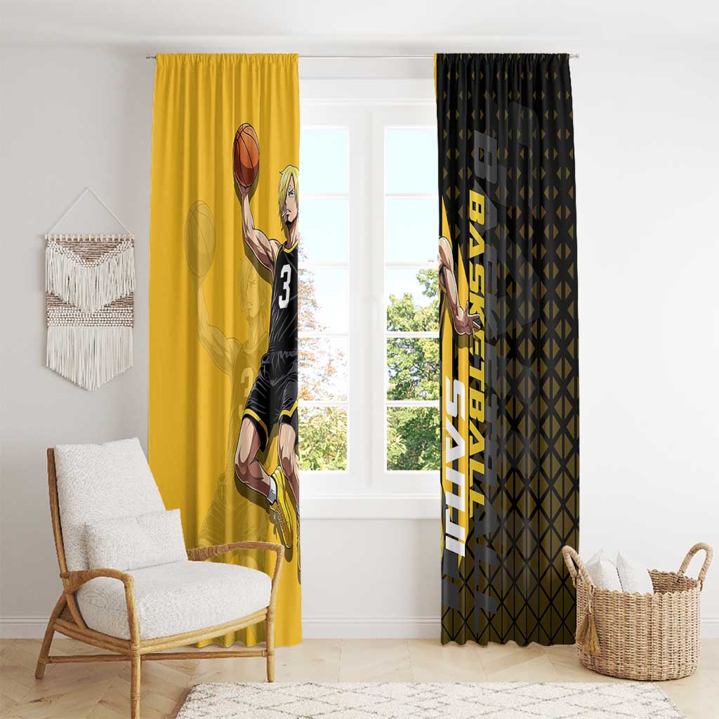 Sanji One Piece Basketball Theme Yellow and Black Design Window Curtain with Pirate Chef Logo and Jump Shot Pose - The Mazicc