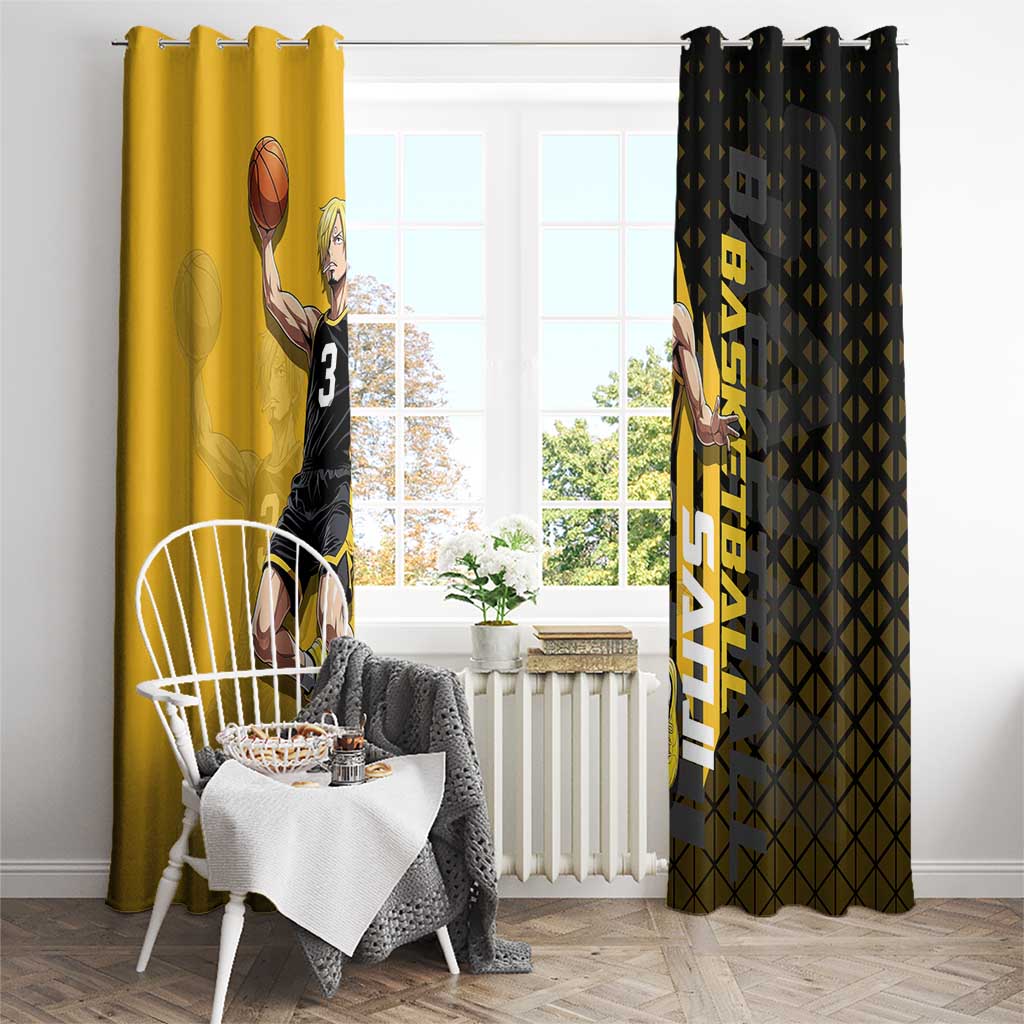 Sanji One Piece Basketball Theme Yellow and Black Design Window Curtain with Pirate Chef Logo and Jump Shot Pose - The Mazicc