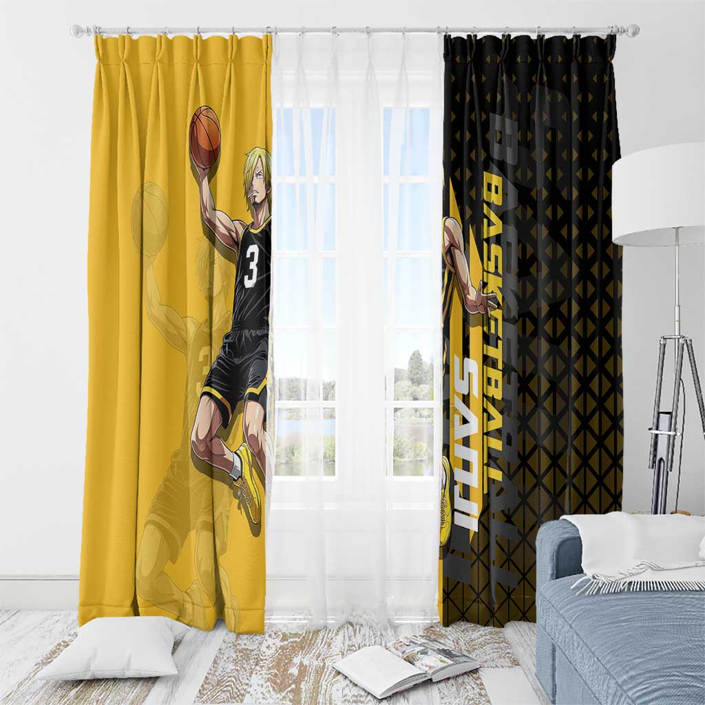 Sanji One Piece Basketball Theme Yellow and Black Design Window Curtain with Pirate Chef Logo and Jump Shot Pose - The Mazicc