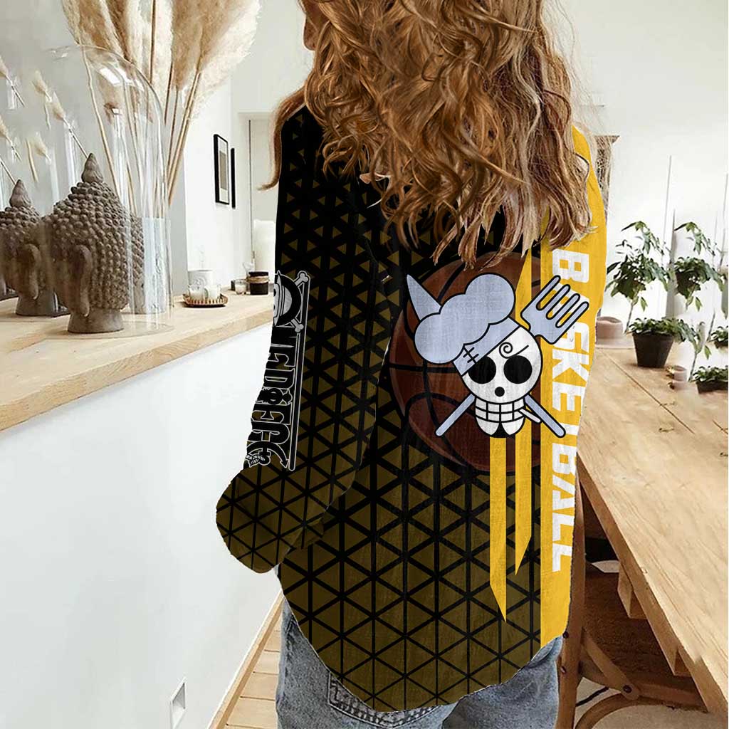 Sanji One Piece Basketball Theme Yellow and Black Design Women Casual Shirt with Pirate Chef Logo and Jump Shot Pose - The Mazicc