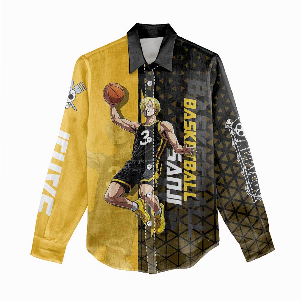 Sanji One Piece Basketball Theme Yellow and Black Design Women Casual Shirt with Pirate Chef Logo and Jump Shot Pose - The Mazicc