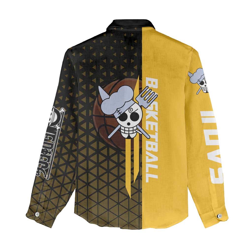 Sanji One Piece Basketball Theme Yellow and Black Design Women Casual Shirt with Pirate Chef Logo and Jump Shot Pose - The Mazicc