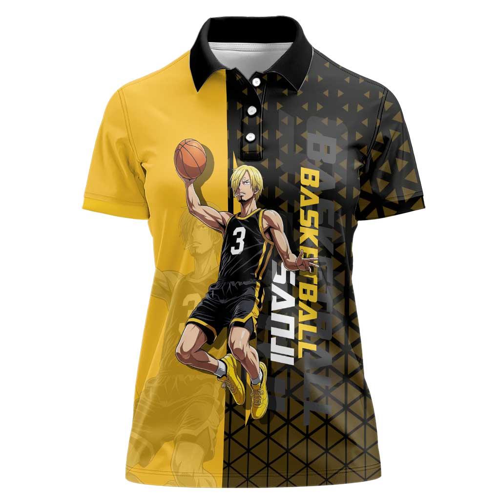 Sanji One Piece Basketball Theme Yellow and Black Design Women Polo Shirt with Pirate Chef Logo and Jump Shot Pose - The Mazicc