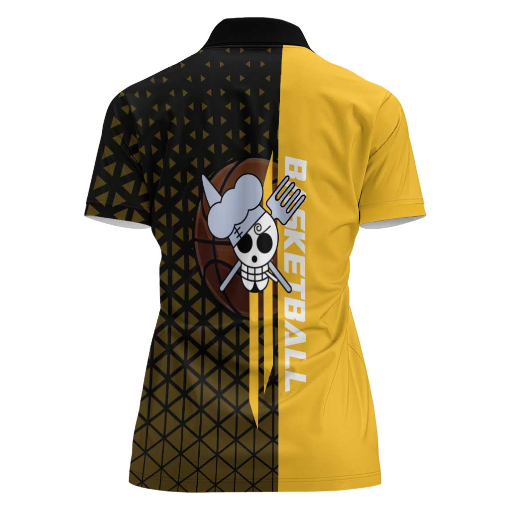 Sanji One Piece Basketball Theme Yellow and Black Design Women Polo Shirt with Pirate Chef Logo and Jump Shot Pose - The Mazicc