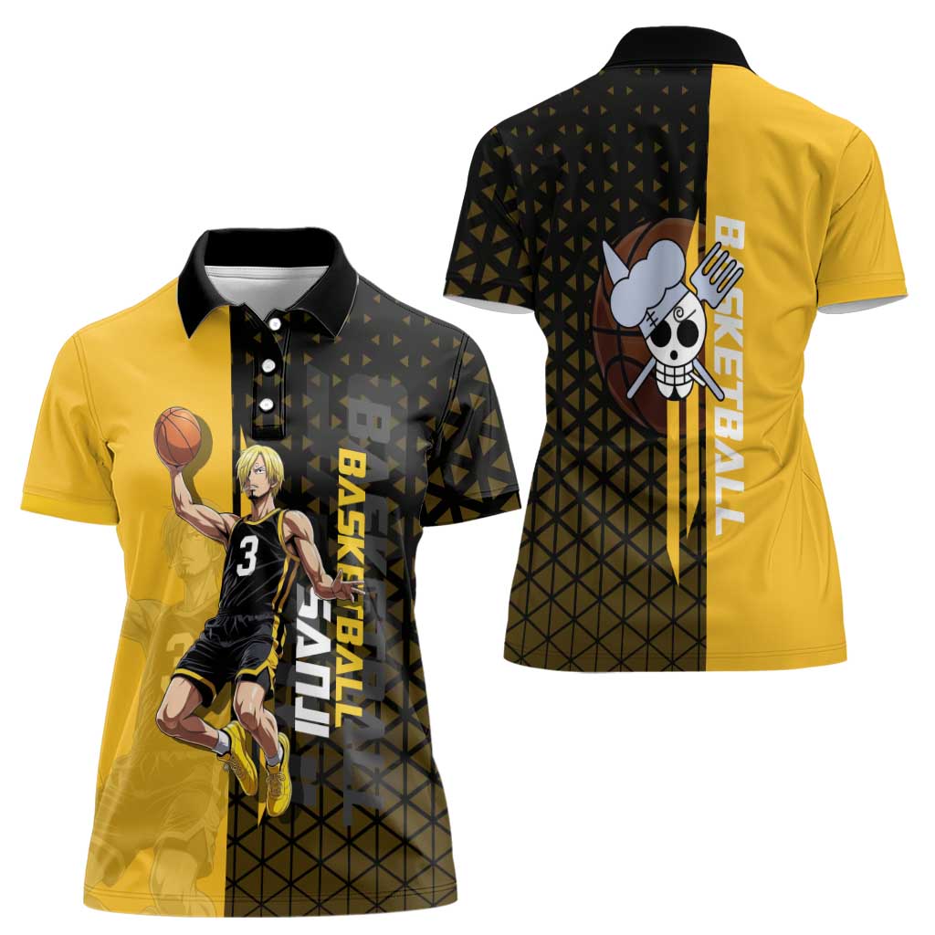 Sanji One Piece Basketball Theme Yellow and Black Design Women Polo Shirt with Pirate Chef Logo and Jump Shot Pose - The Mazicc