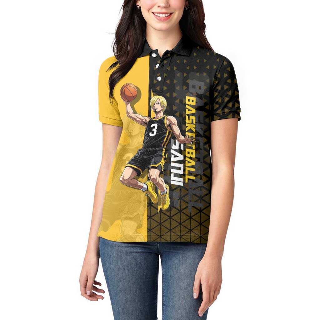 Sanji One Piece Basketball Theme Yellow and Black Design Women Polo Shirt with Pirate Chef Logo and Jump Shot Pose - The Mazicc