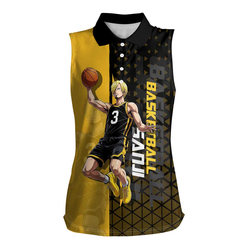Sanji One Piece Basketball Theme Yellow and Black Design Women Sleeveless Polo Shirt with Pirate Chef Logo and Jump Shot Pose - The Mazicc
