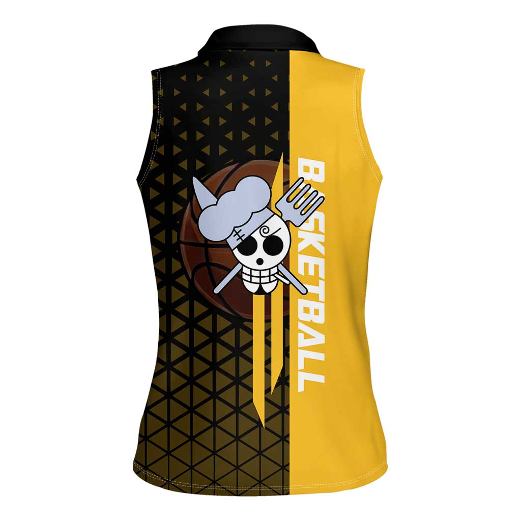 Sanji One Piece Basketball Theme Yellow and Black Design Women Sleeveless Polo Shirt with Pirate Chef Logo and Jump Shot Pose - The Mazicc