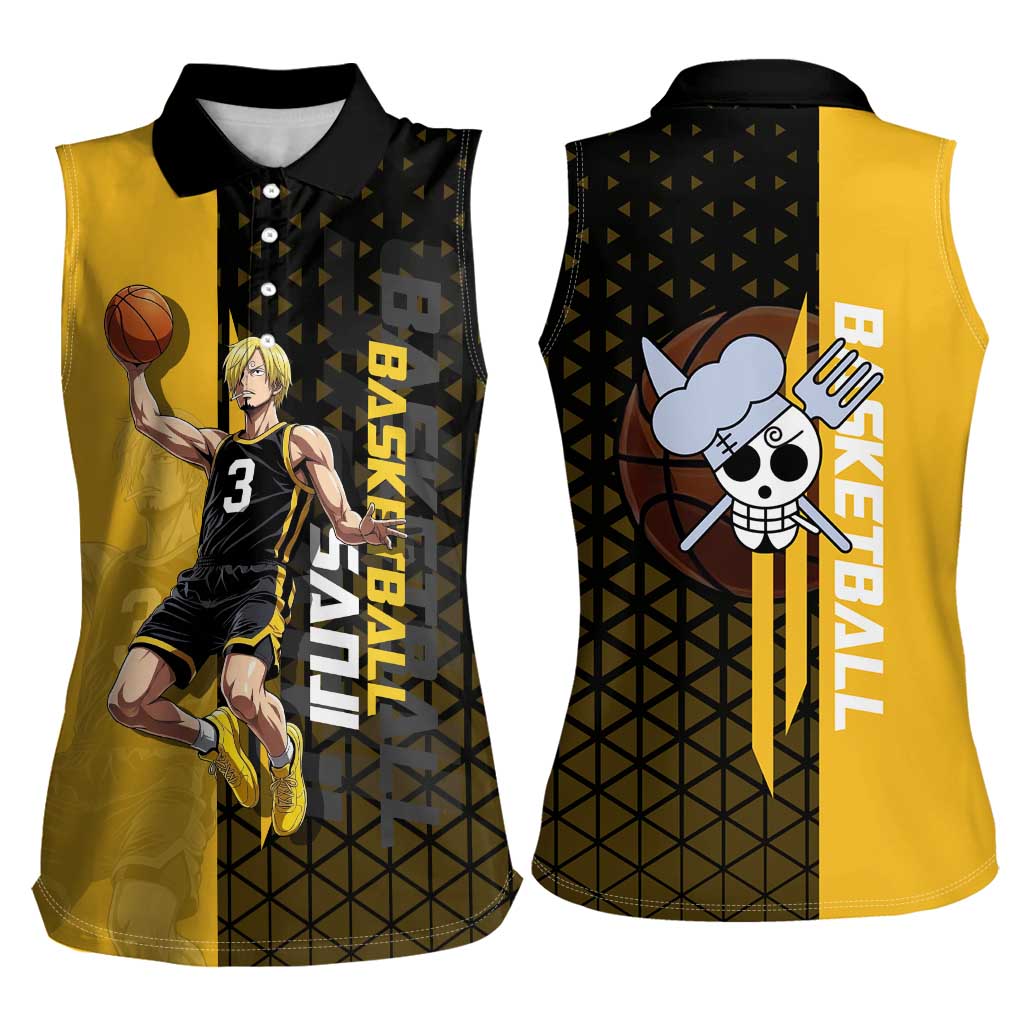 Sanji One Piece Basketball Theme Yellow and Black Design Women Sleeveless Polo Shirt with Pirate Chef Logo and Jump Shot Pose - The Mazicc