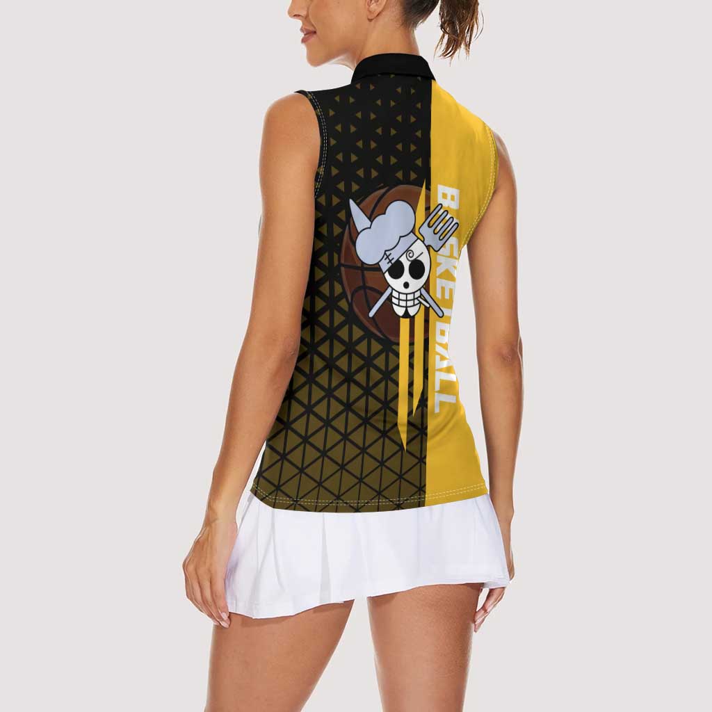 Sanji One Piece Basketball Theme Yellow and Black Design Women Sleeveless Polo Shirt with Pirate Chef Logo and Jump Shot Pose - The Mazicc