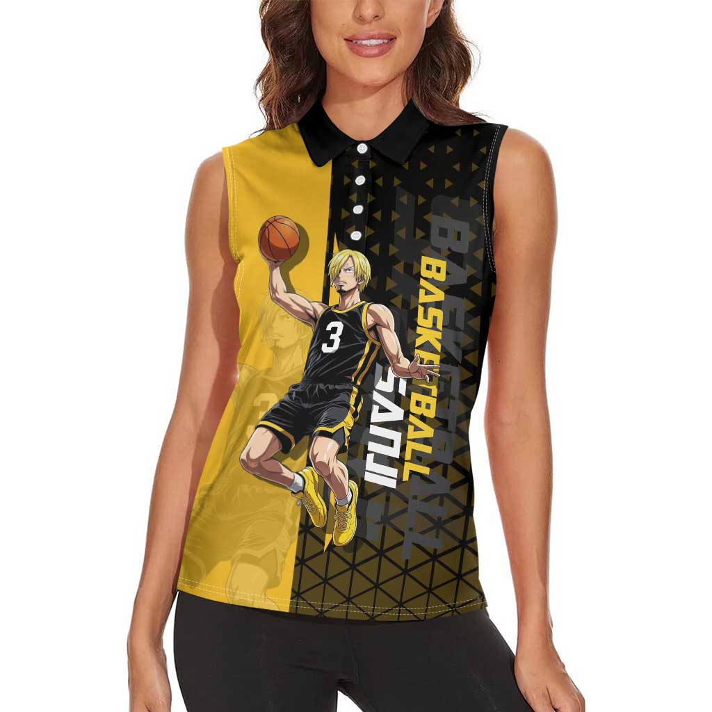 Sanji One Piece Basketball Theme Yellow and Black Design Women Sleeveless Polo Shirt with Pirate Chef Logo and Jump Shot Pose - The Mazicc