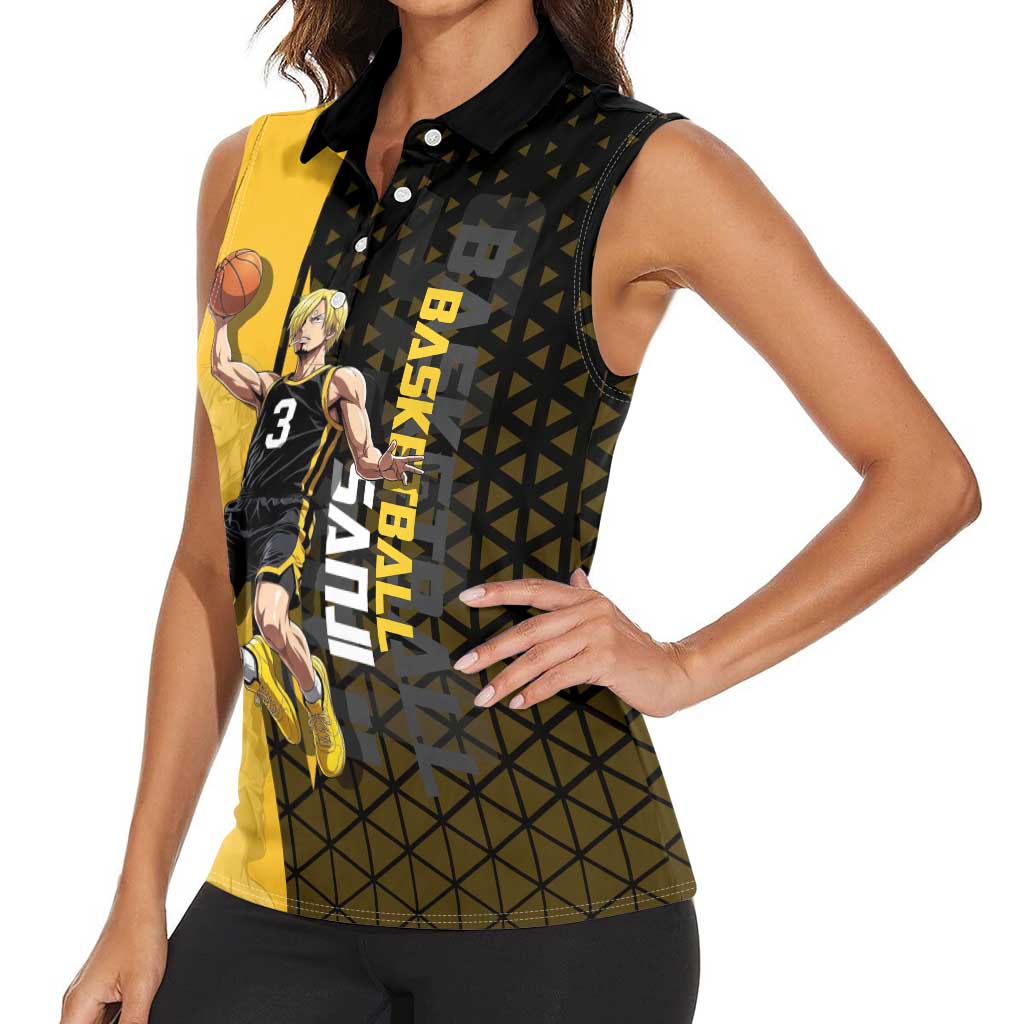 Sanji One Piece Basketball Theme Yellow and Black Design Women Sleeveless Polo Shirt with Pirate Chef Logo and Jump Shot Pose - The Mazicc