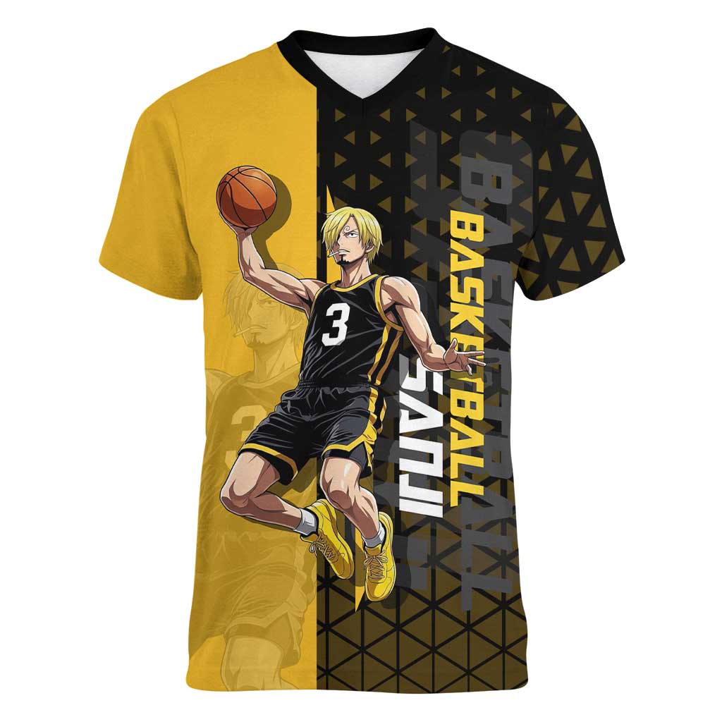 Sanji One Piece Basketball Theme Yellow and Black Design Women V-Neck T-Shirt with Pirate Chef Logo and Jump Shot Pose - The Mazicc