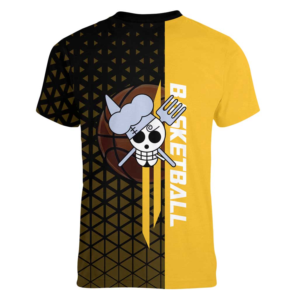 Sanji One Piece Basketball Theme Yellow and Black Design Women V-Neck T-Shirt with Pirate Chef Logo and Jump Shot Pose - The Mazicc
