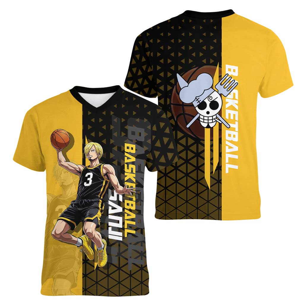 Sanji One Piece Basketball Theme Yellow and Black Design Women V-Neck T-Shirt with Pirate Chef Logo and Jump Shot Pose - The Mazicc