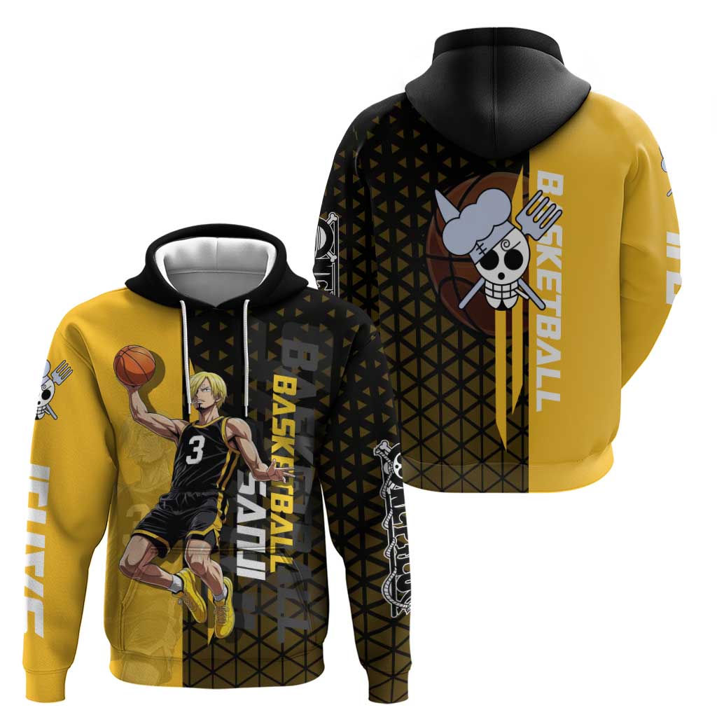 Sanji One Piece Basketball Theme Yellow and Black Design Zip Hoodie with Pirate Chef Logo and Jump Shot Pose - The Mazicc