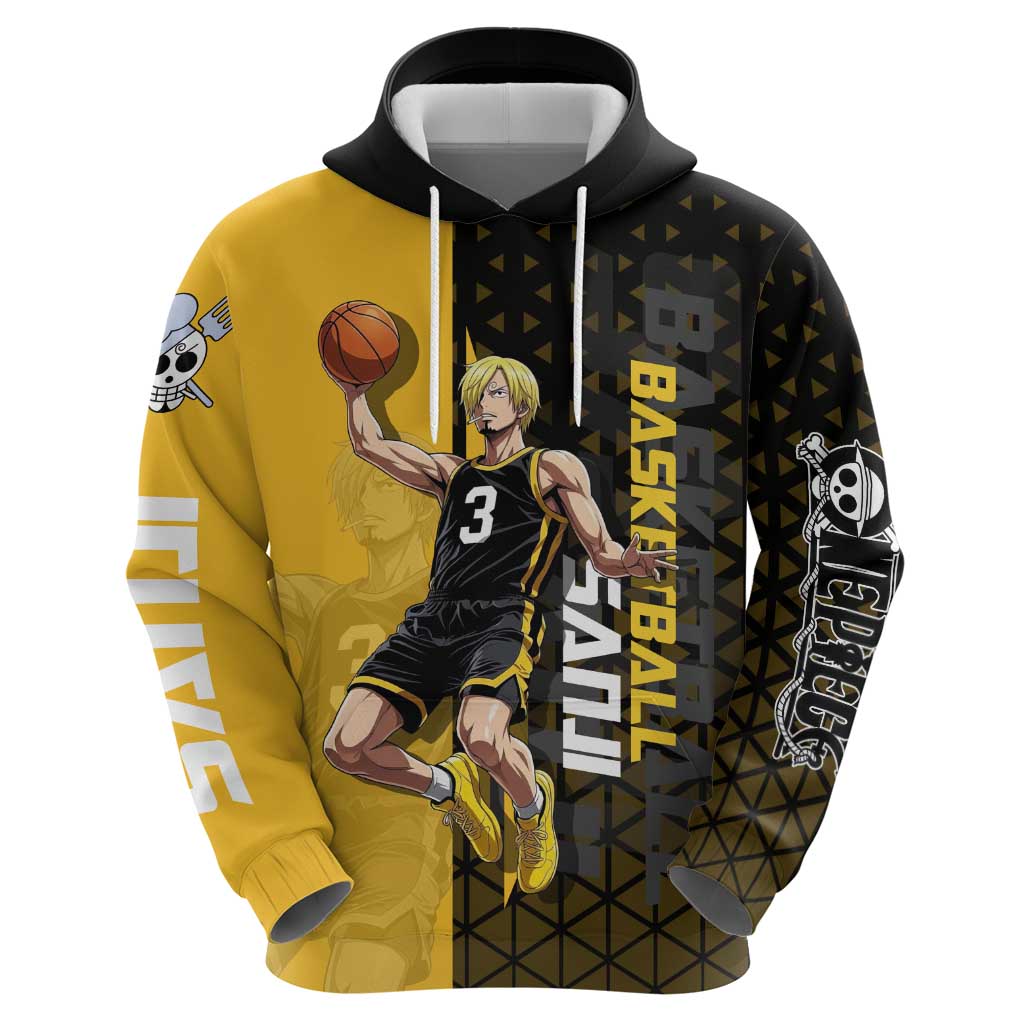 Sanji One Piece Basketball Theme Yellow and Black Design Zip Hoodie with Pirate Chef Logo and Jump Shot Pose - The Mazicc