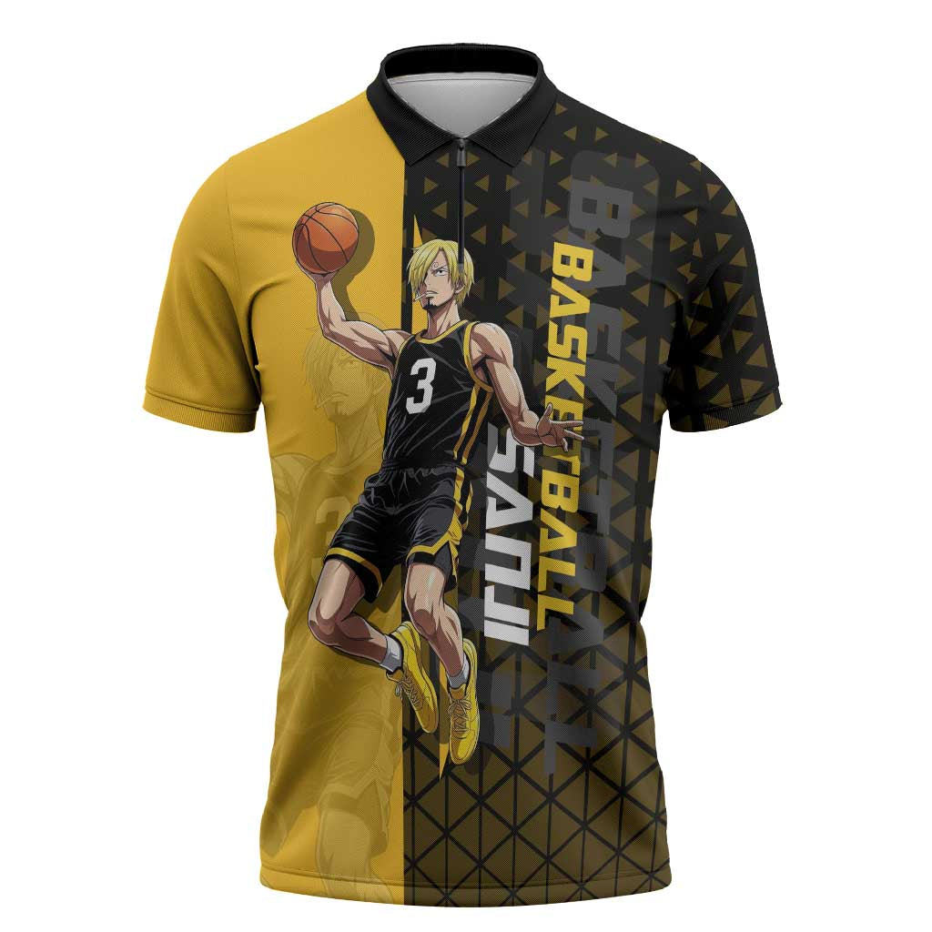 Sanji One Piece Basketball Theme Yellow and Black Design Zipper Polo Shirt with Pirate Chef Logo and Jump Shot Pose - The Mazicc