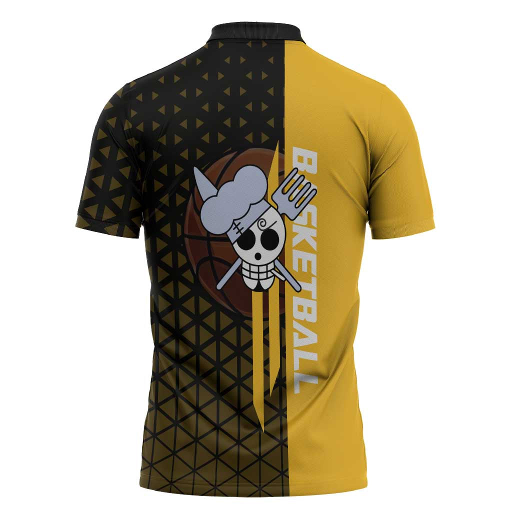 Sanji One Piece Basketball Theme Yellow and Black Design Zipper Polo Shirt with Pirate Chef Logo and Jump Shot Pose - The Mazicc