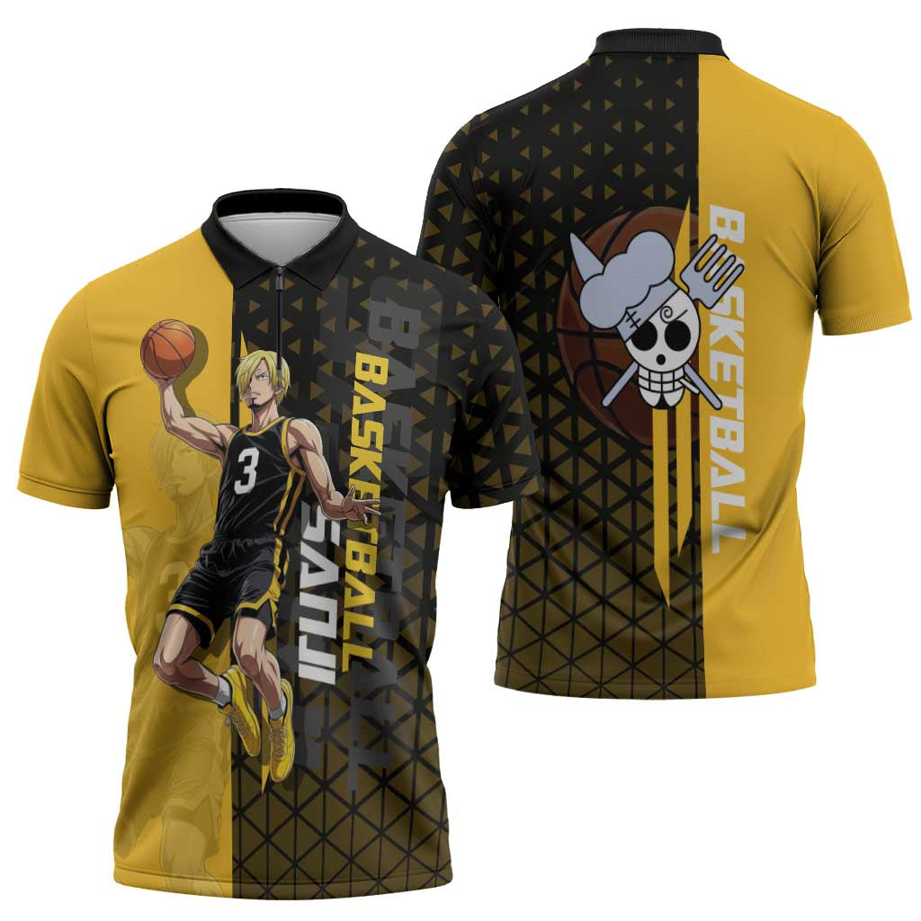 Sanji One Piece Basketball Theme Yellow and Black Design Zipper Polo Shirt with Pirate Chef Logo and Jump Shot Pose - The Mazicc