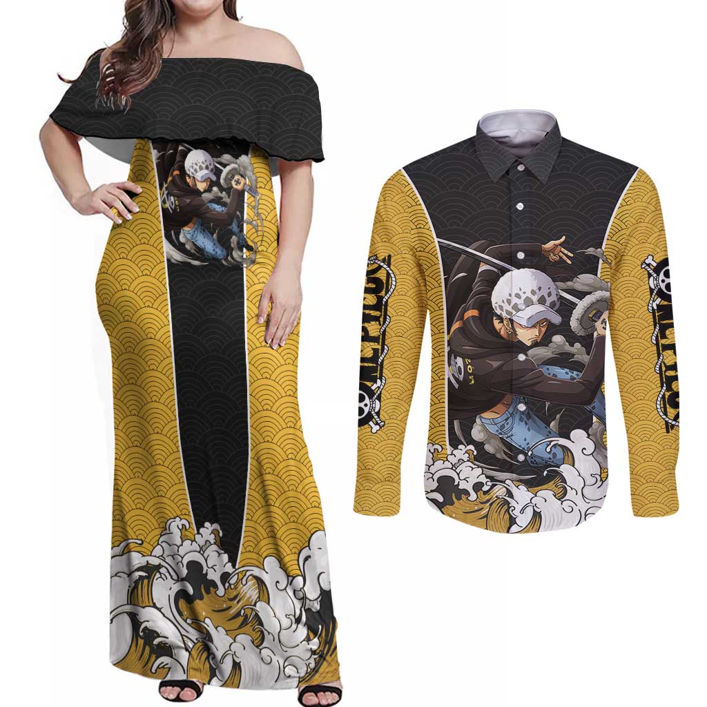 Trafalgar Law - One Piece Couples Matching Off Shoulder Maxi Dress and Long Sleeve Button Shirt Anime Style