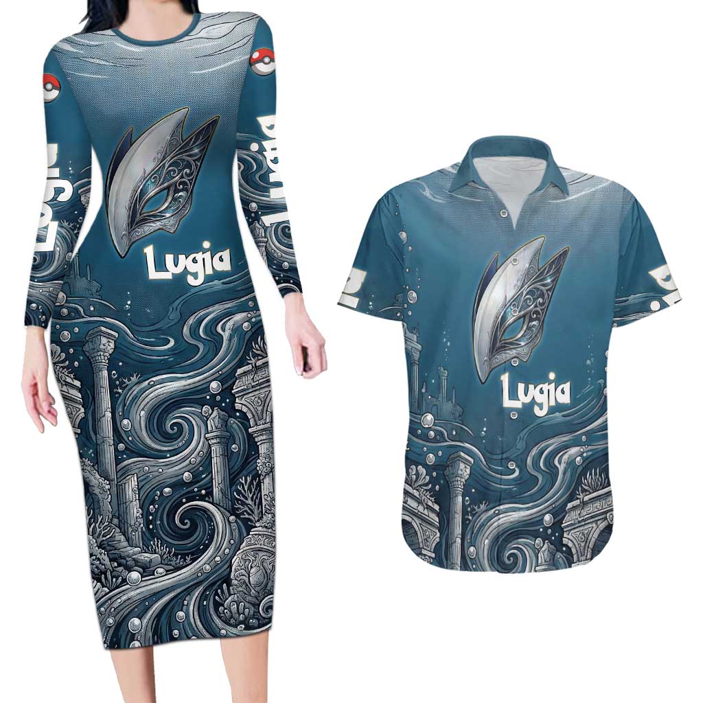 Lugia Legendary Couples Matching Long Sleeve Bodycon Dress and Hawaiian Shirt Lugia in the Lost Underwater Temple