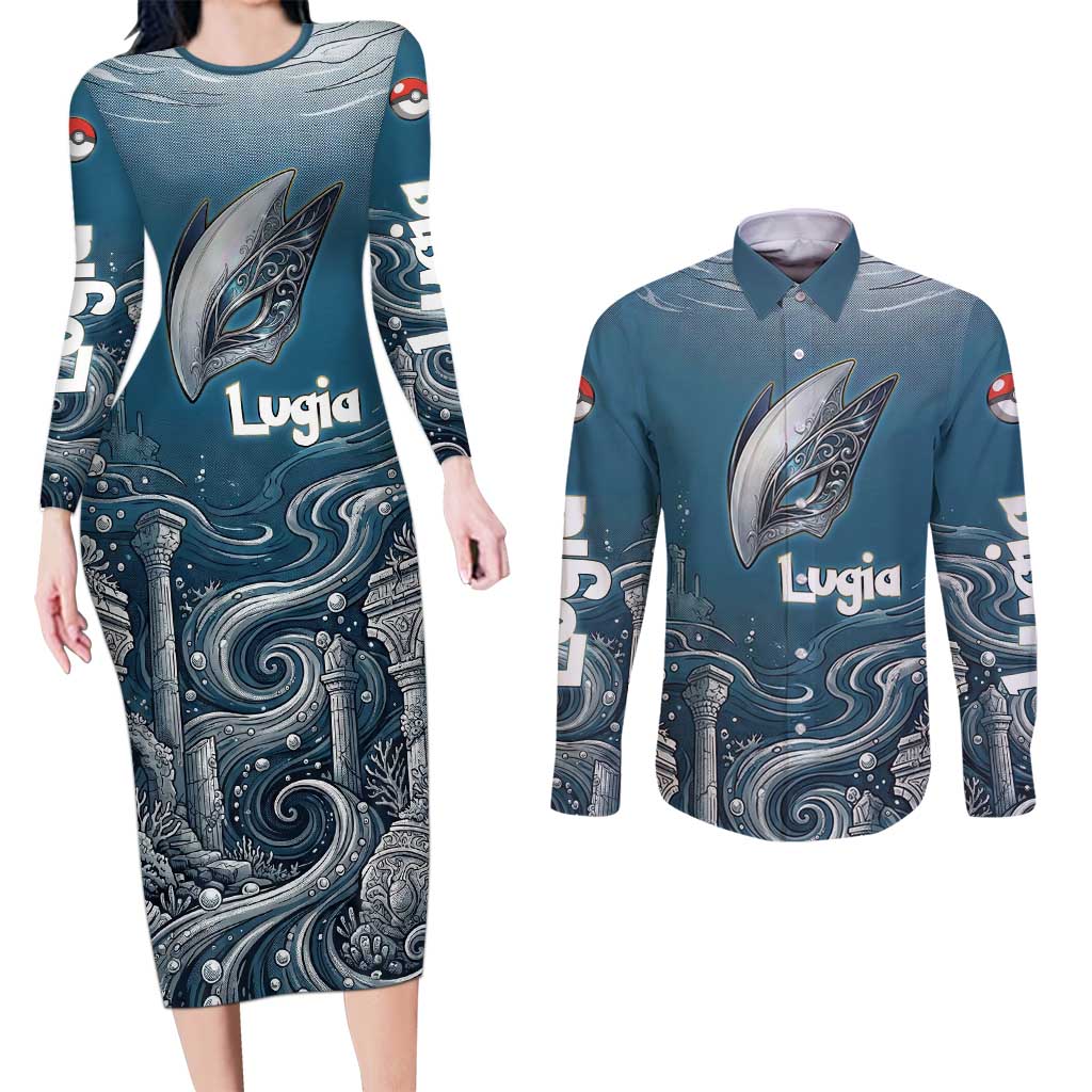 Lugia Legendary Couples Matching Long Sleeve Bodycon Dress and Long Sleeve Button Shirt Lugia in the Lost Underwater Temple