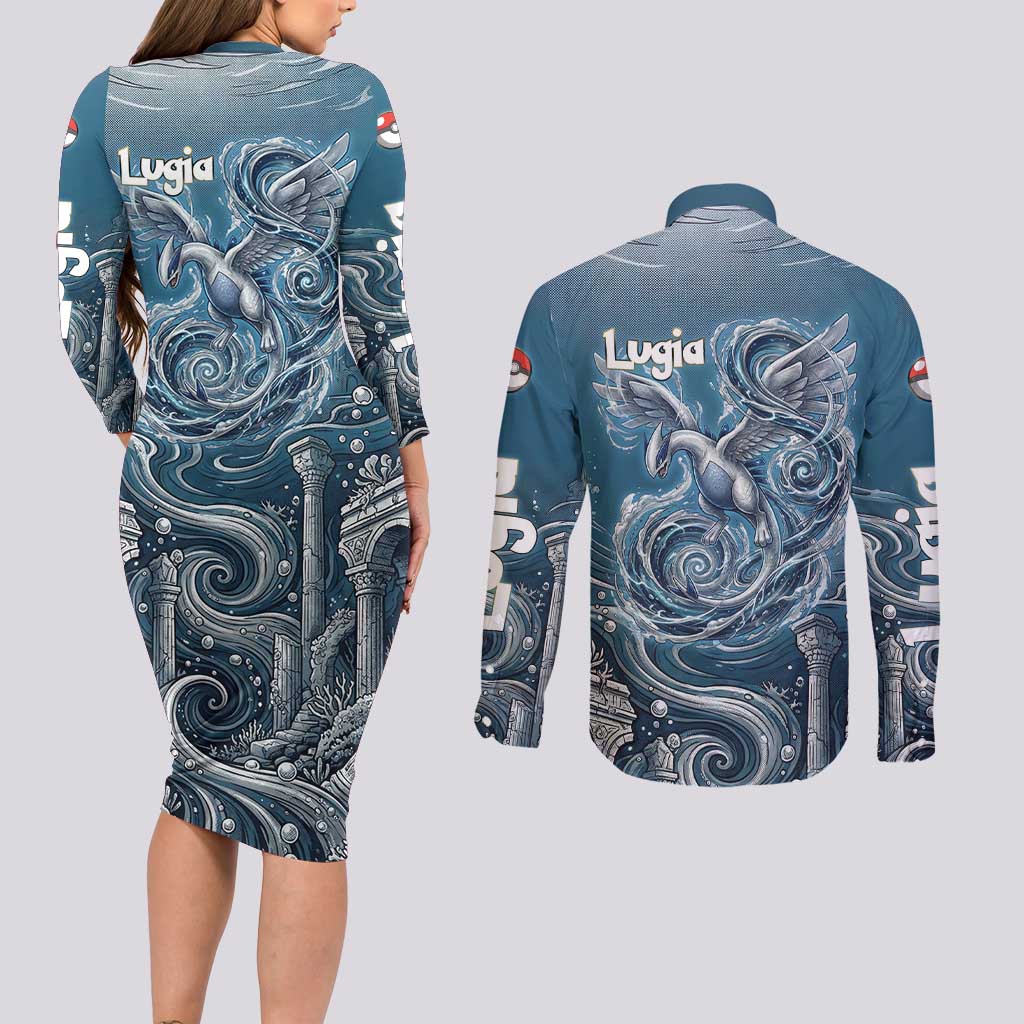 Lugia Legendary Couples Matching Long Sleeve Bodycon Dress and Long Sleeve Button Shirt Lugia in the Lost Underwater Temple
