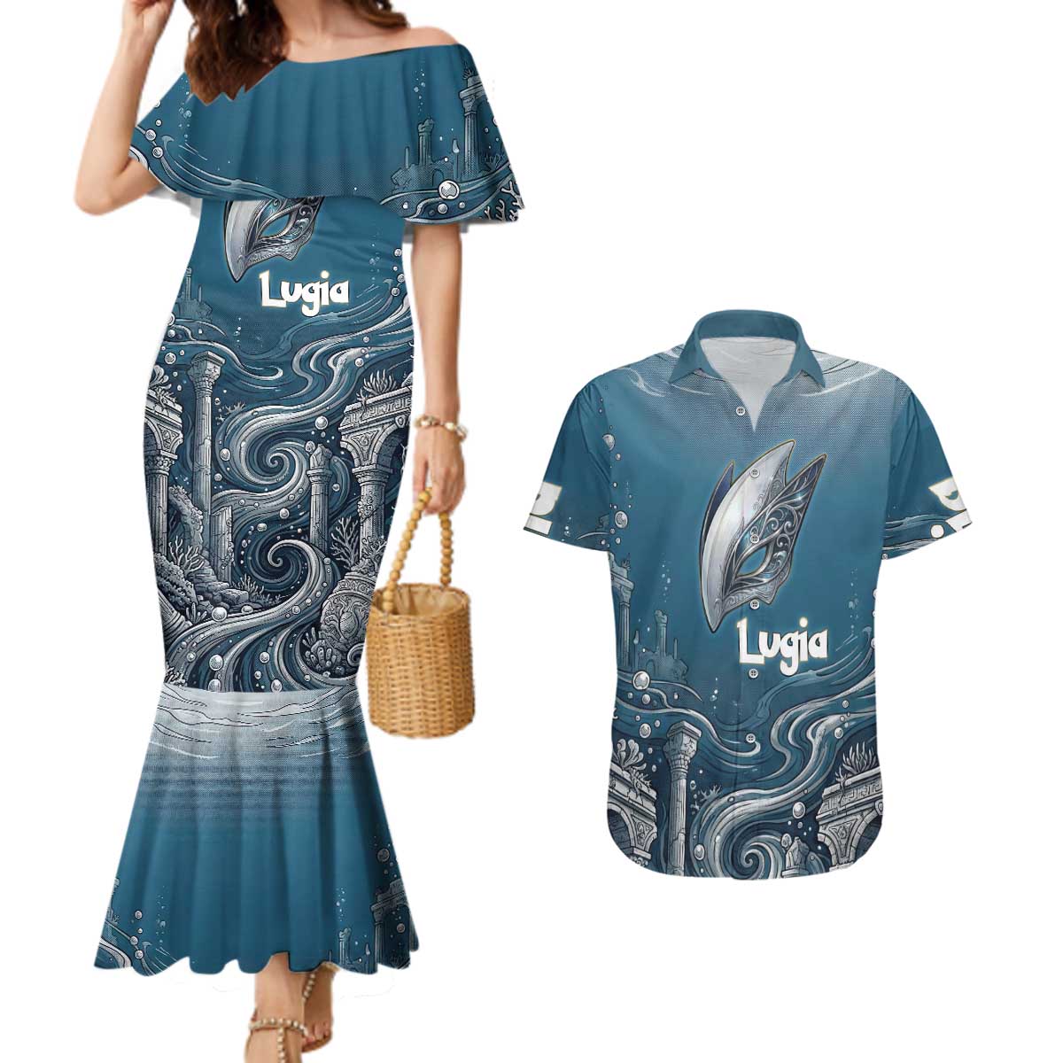 Lugia Legendary Couples Matching Mermaid Dress and Hawaiian Shirt Lugia in the Lost Underwater Temple